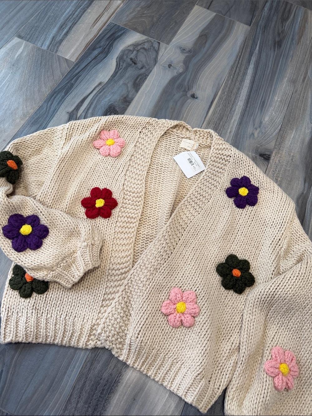 Cream Chunky Knit Cardigan with Crocheted Flower Appliqués